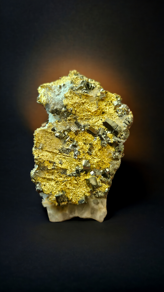 Stunning and ultra rare leaf gold with fools gold (pyrite) on quartz