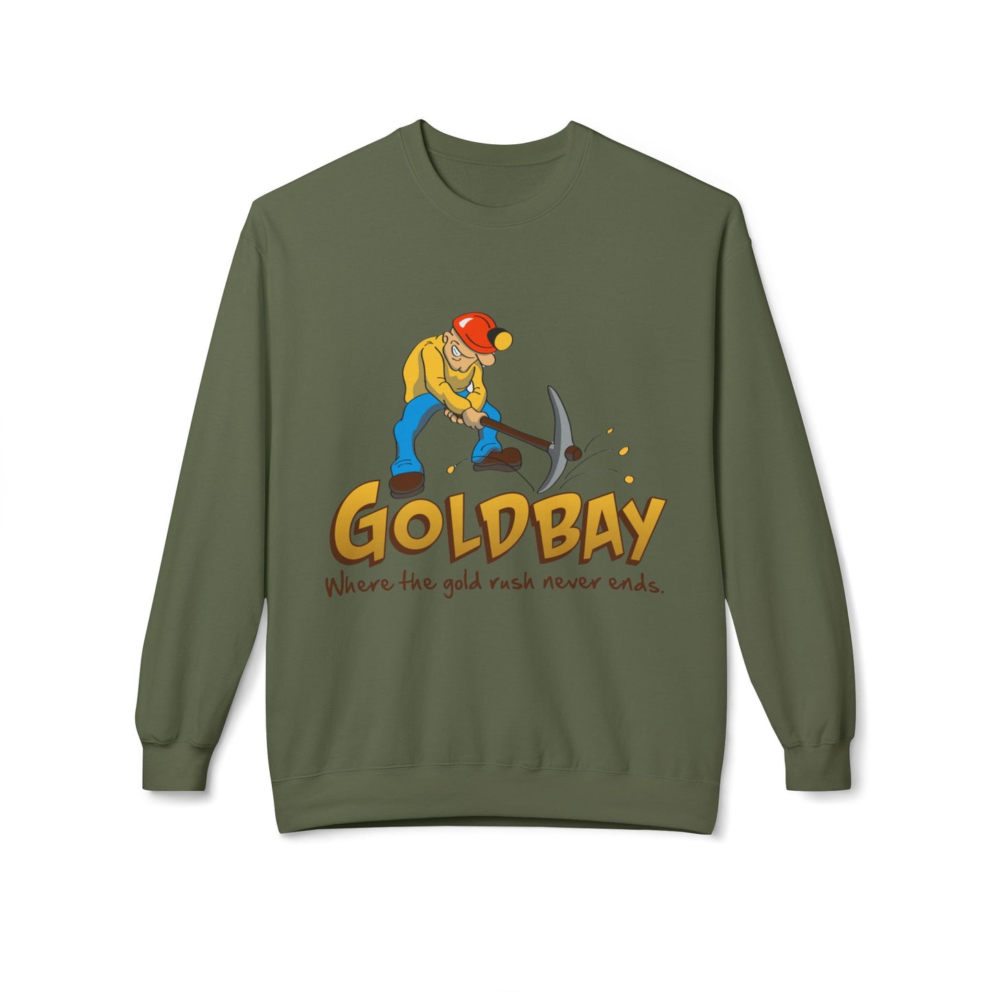 Gold Miner Crewneck Sweatshirt — "Gold Bay" Graphic, "Where the gold rush never ends"