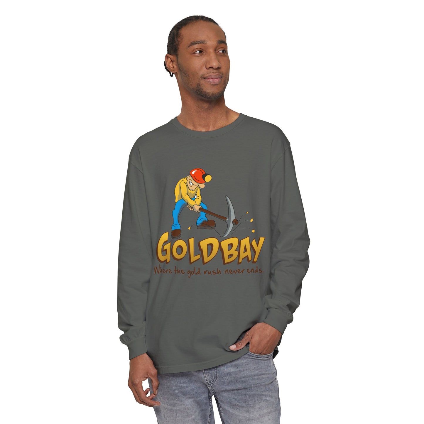 Gold Digger Long Sleeve T-Shirt — 'Gold Bay' Miner Graphic, "Where the gold rush never ends."