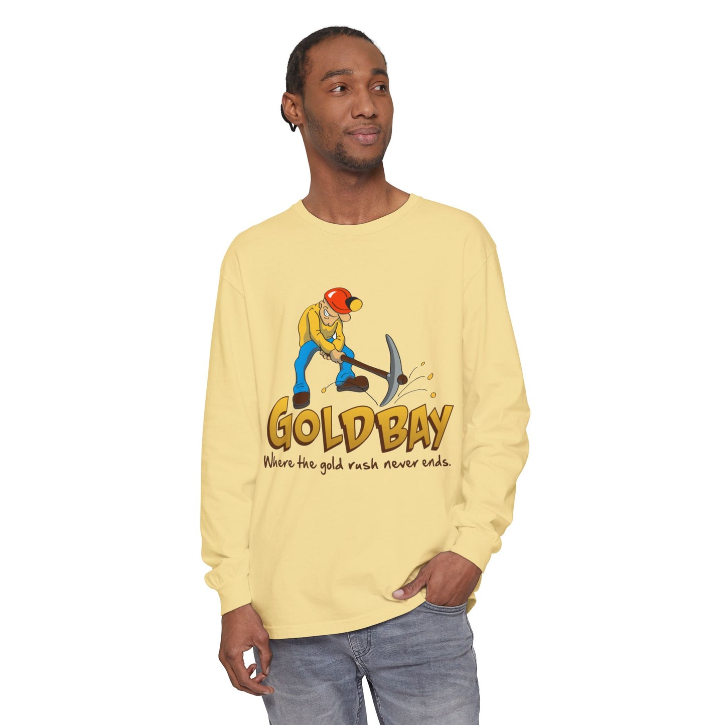 Gold Digger Long Sleeve T-Shirt — 'Gold Bay' Miner Graphic, "Where the gold rush never ends."