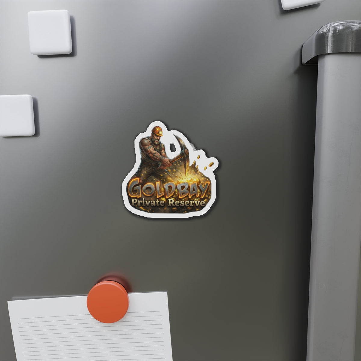 Gold Bay Miner Die-Cut Magnet — 'GoldBay Private Reserve' Refrigerator Sticker