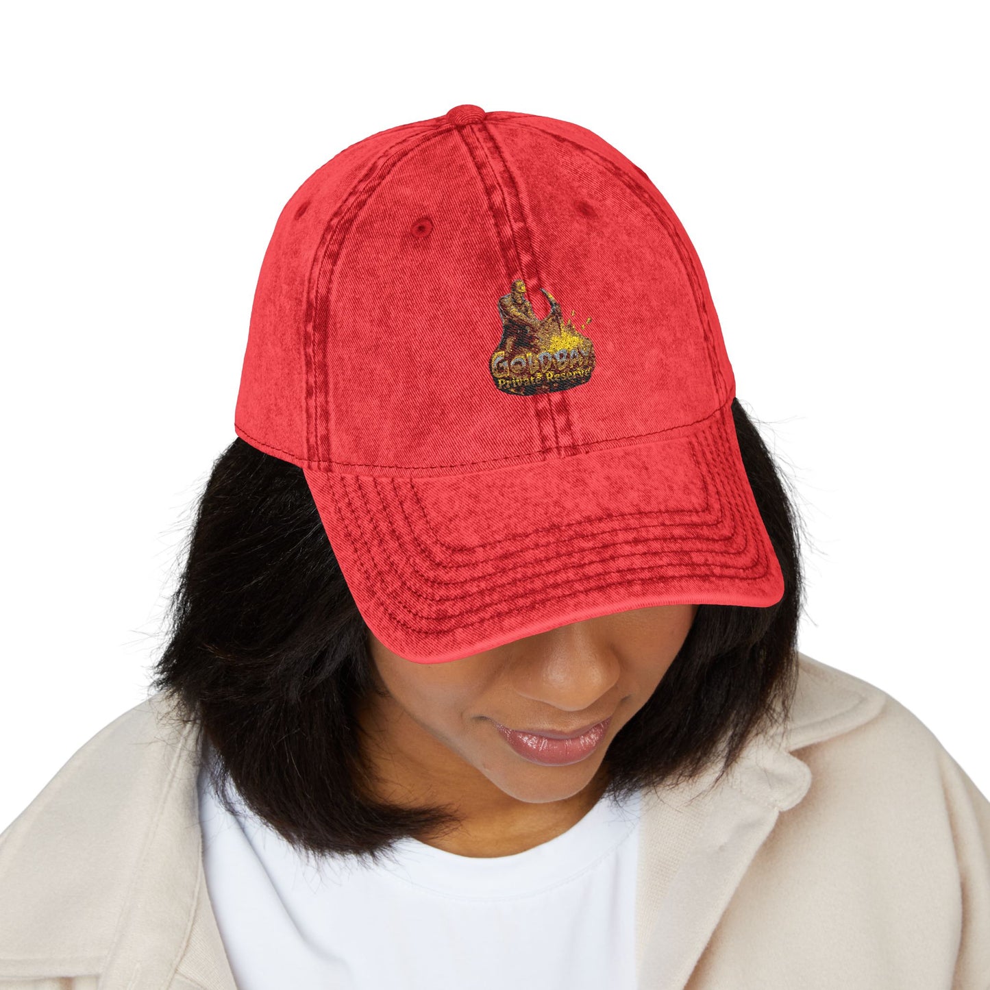 Embroidered Vintage Red Cap — Gold Foil Mushroom Patch