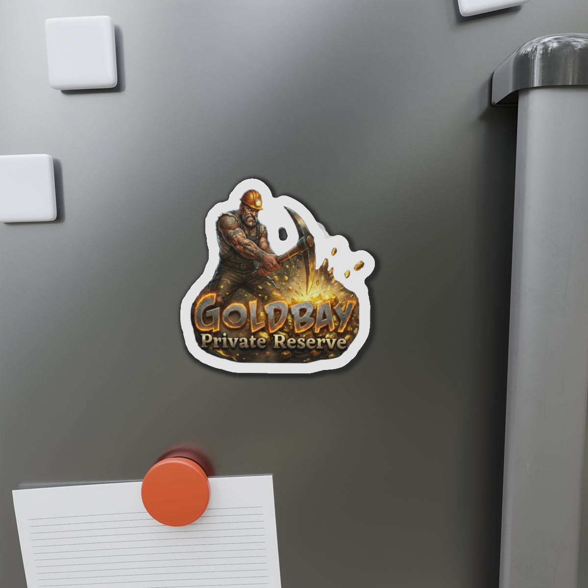 Gold Bay Miner Die-Cut Magnet — 'GoldBay Private Reserve' Refrigerator Sticker