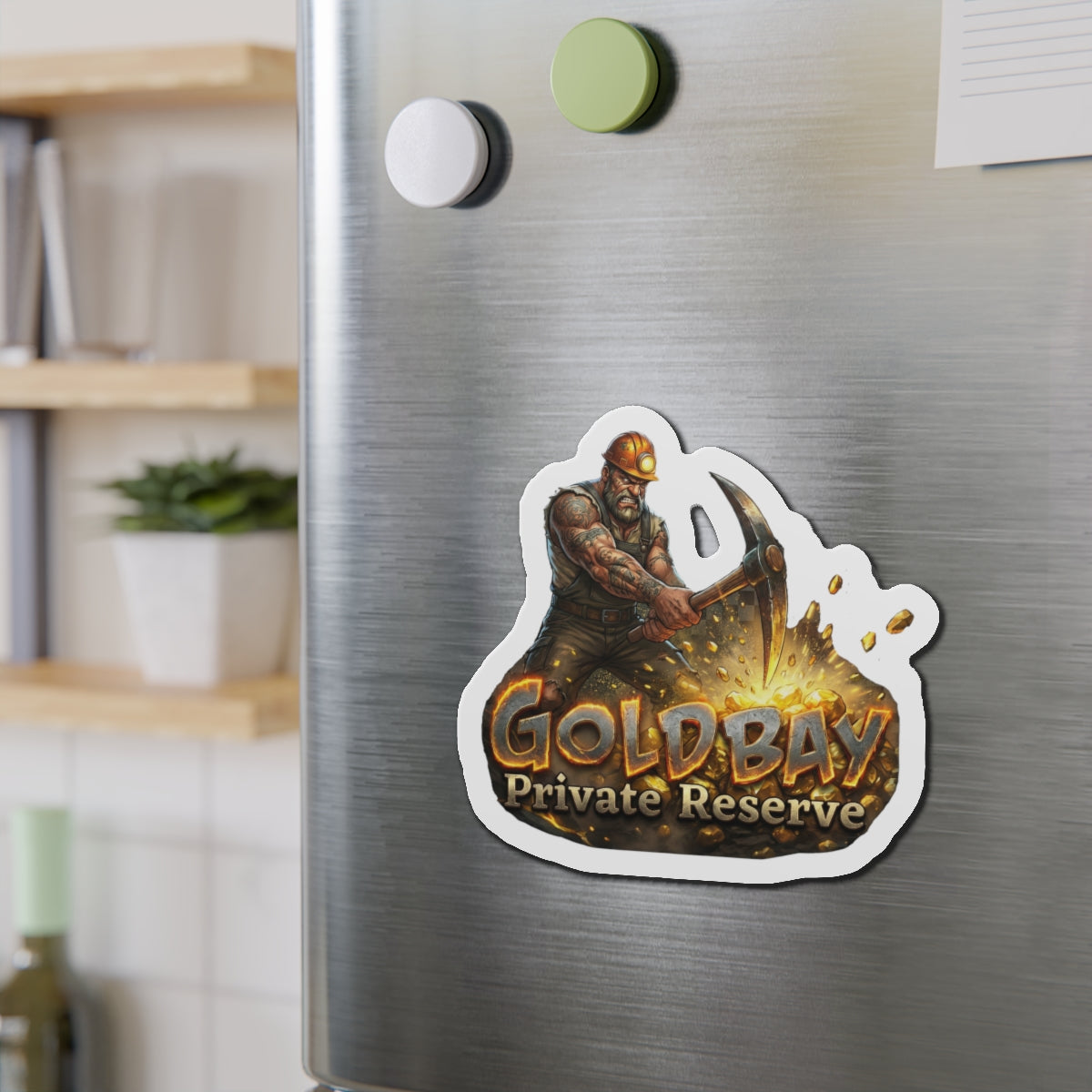 Gold Bay Miner Die-Cut Magnet — 'GoldBay Private Reserve' Refrigerator Sticker