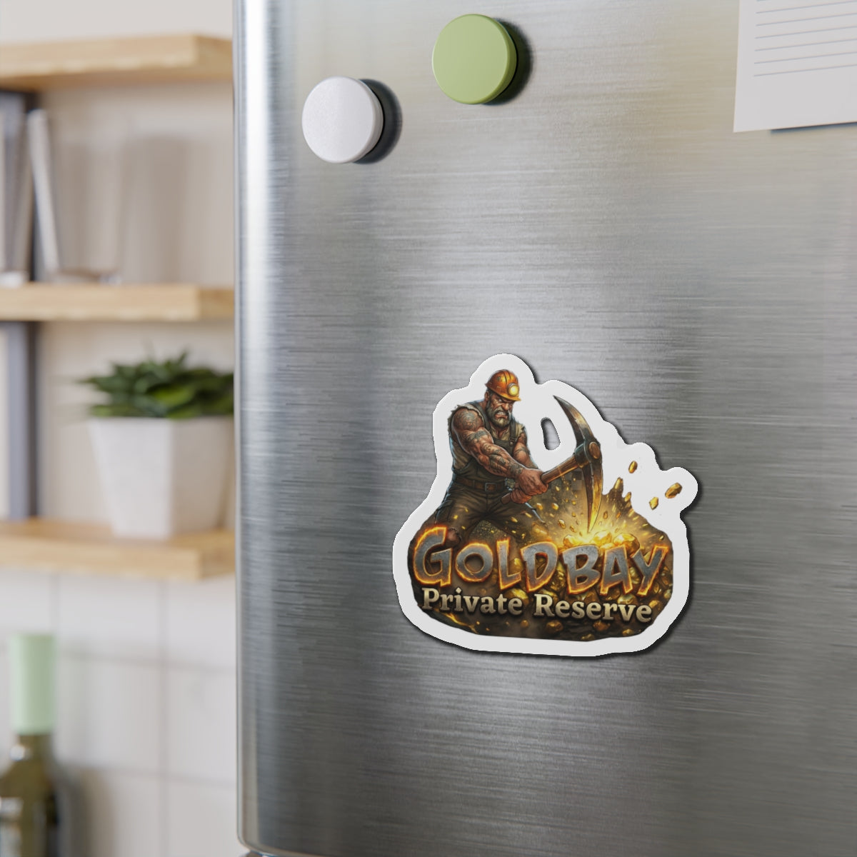 Gold Bay Miner Die-Cut Magnet — 'GoldBay Private Reserve' Refrigerator Sticker