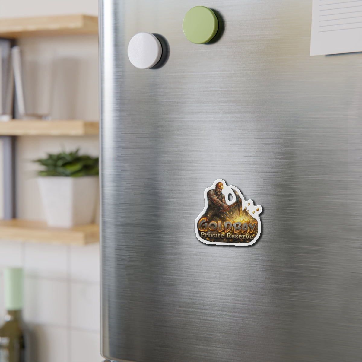 Gold Bay Miner Die-Cut Magnet — 'GoldBay Private Reserve' Refrigerator Sticker