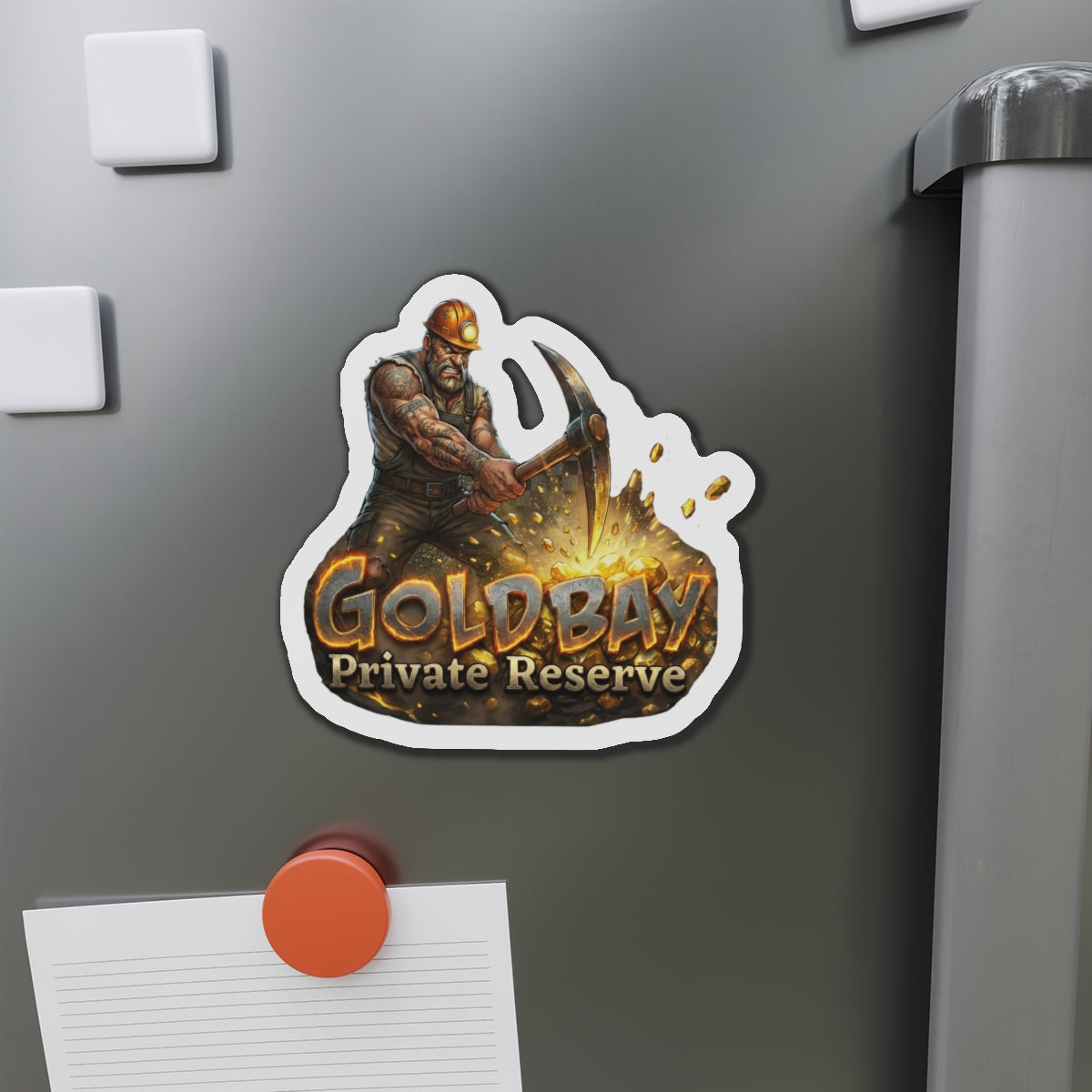 Gold Bay Miner Die-Cut Magnet — 'GoldBay Private Reserve' Refrigerator Sticker