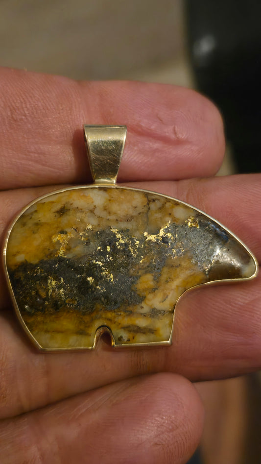 14k gold and gold and quartz Bear Pendant - 14.45 grams